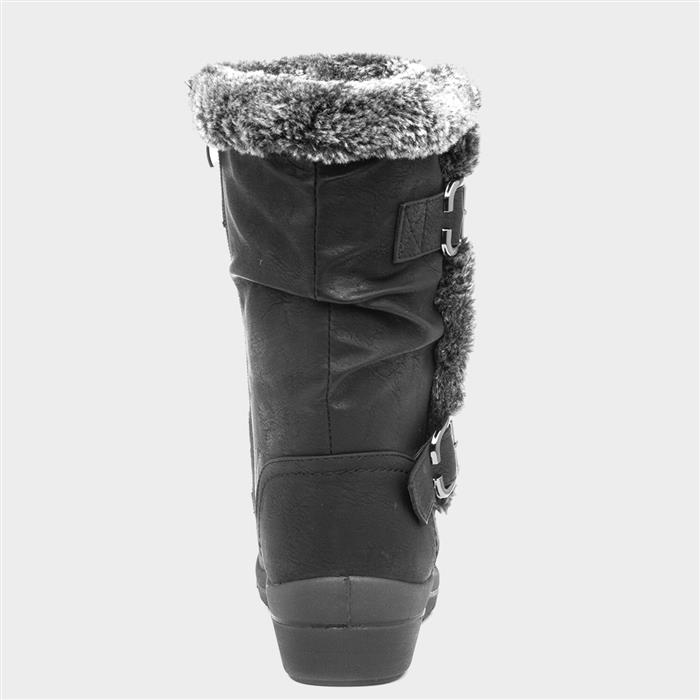 Womens Black Faux Fur Buckle Calf Boot