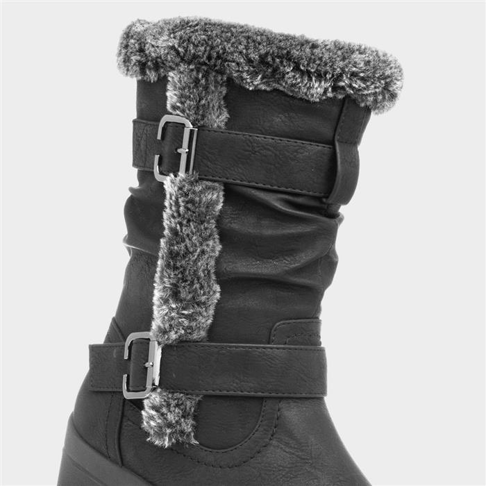Womens Black Faux Fur Buckle Calf Boot