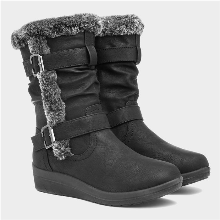 Womens Black Faux Fur Buckle Calf Boot