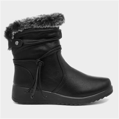 Womens Black Wedge Faux Fur Ankle Boot