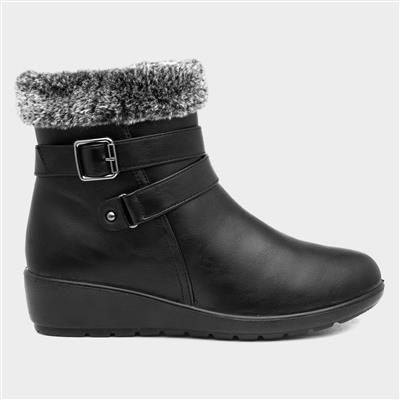 Womens Black Fur Collar Ankle Boot