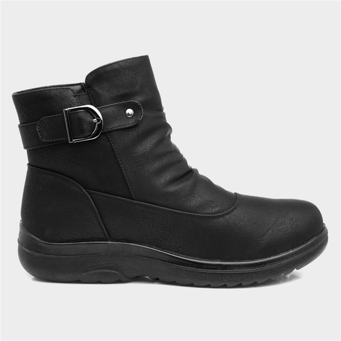 Womens Black Buckled Ankle Zip Up Boot