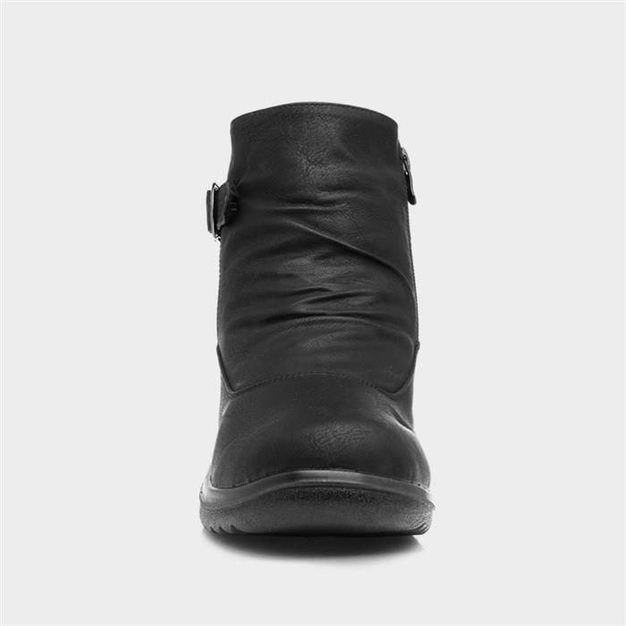 Womens Black Buckled Ankle Zip Up Boot