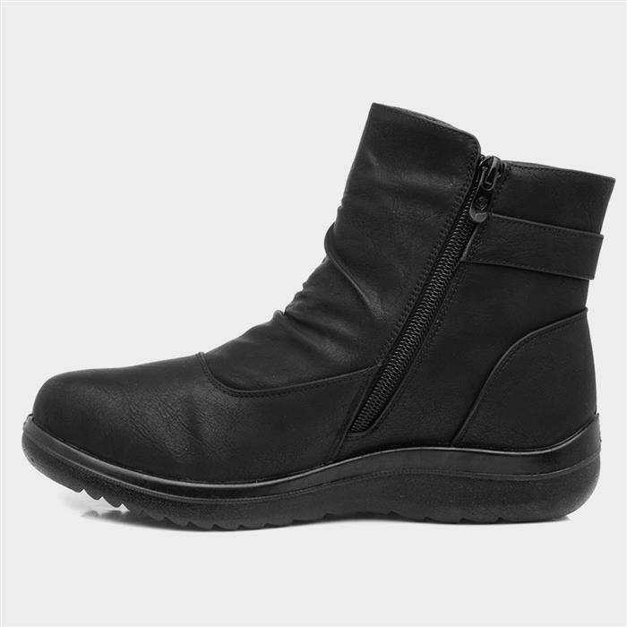 Womens Black Buckled Ankle Zip Up Boot