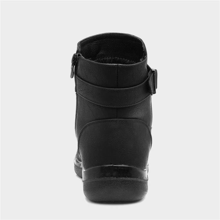 Womens Black Buckled Ankle Zip Up Boot