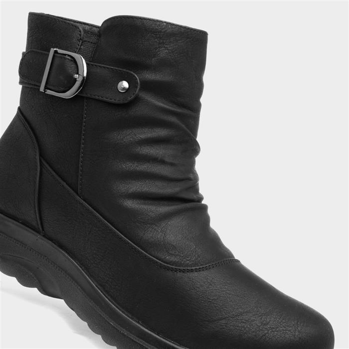 Womens Black Buckled Ankle Zip Up Boot