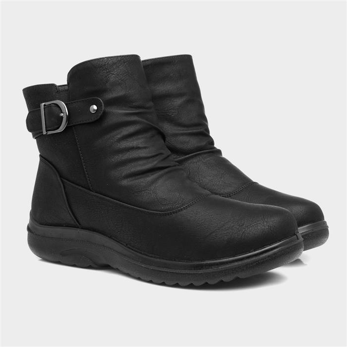 Womens Black Buckled Ankle Zip Up Boot