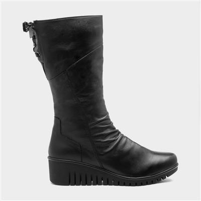 Dara Womens Black Leather Wedged Calf Boot