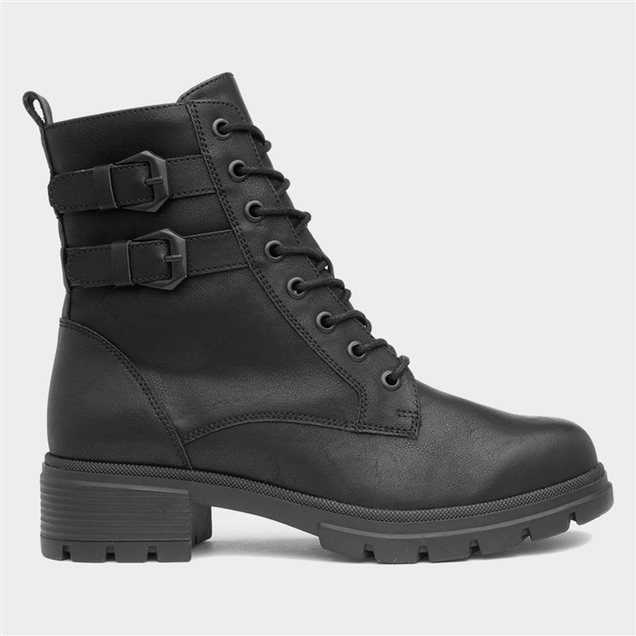 Debbie Womens Black Buckle Lace Up Boot