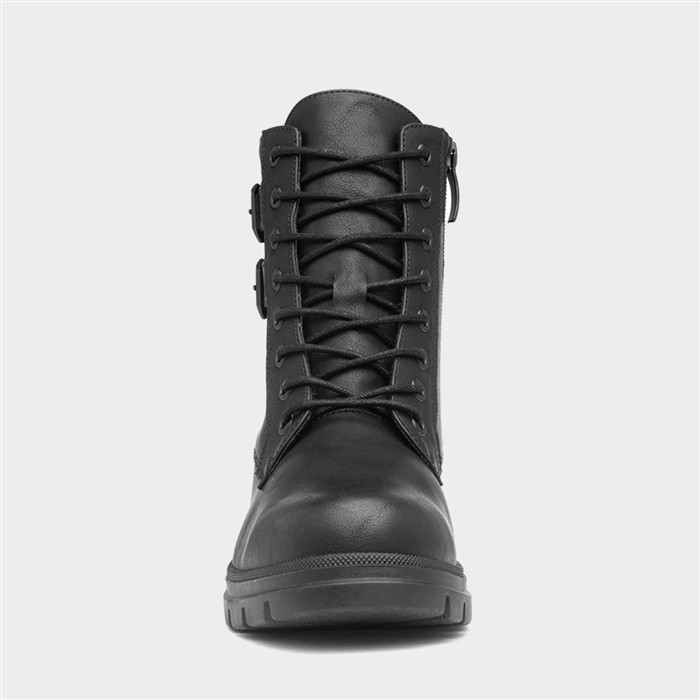 Debbie Womens Black Buckle Lace Up Boot