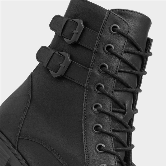 Debbie Womens Black Buckle Lace Up Boot
