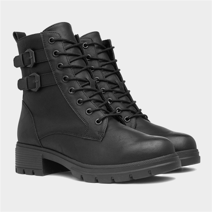 Debbie Womens Black Buckle Lace Up Boot