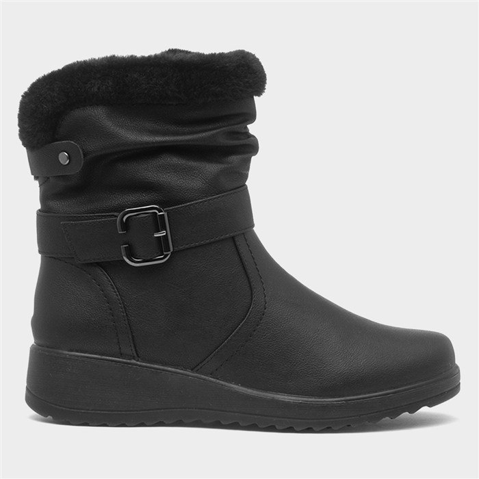 Womens Black Buckle Faux Fur Wedge Boot