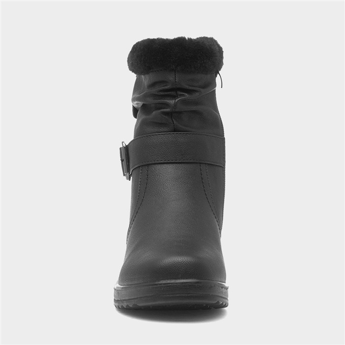 Womens Black Buckle Faux Fur Wedge Boot