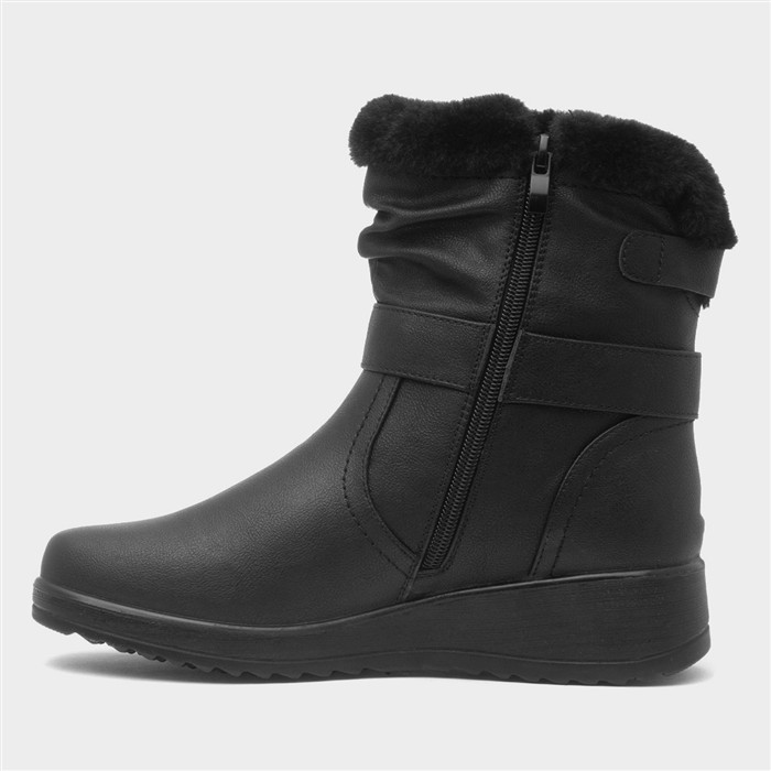 Womens Black Buckle Faux Fur Wedge Boot