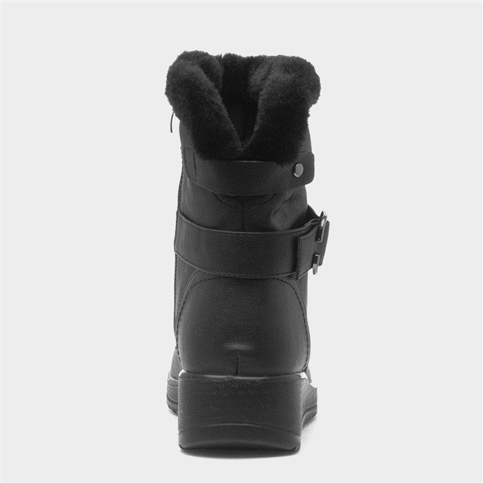 Womens Black Buckle Faux Fur Wedge Boot