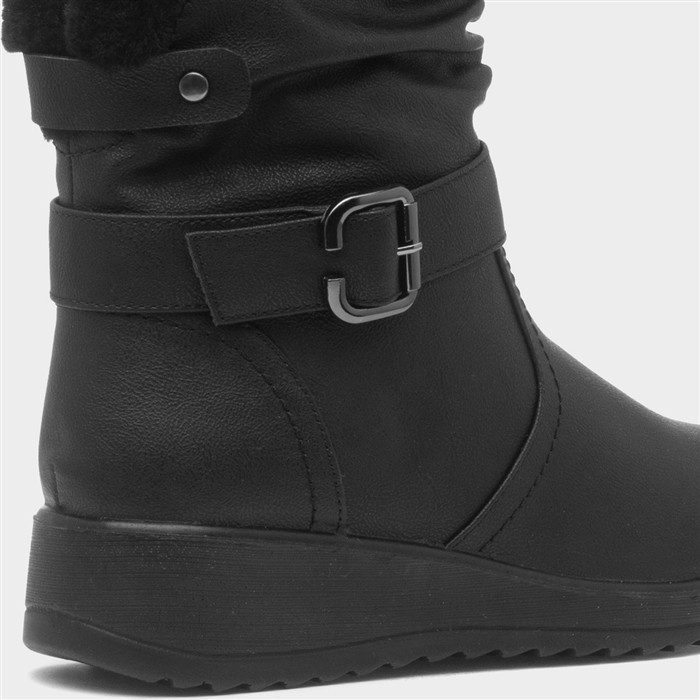 Womens Black Buckle Faux Fur Wedge Boot