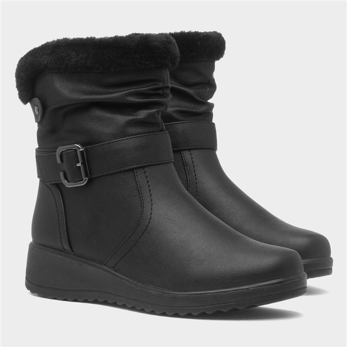 Womens Black Buckle Faux Fur Wedge Boot