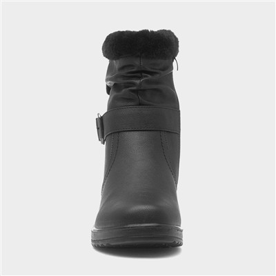 Womens Black Buckle Wedge Boot