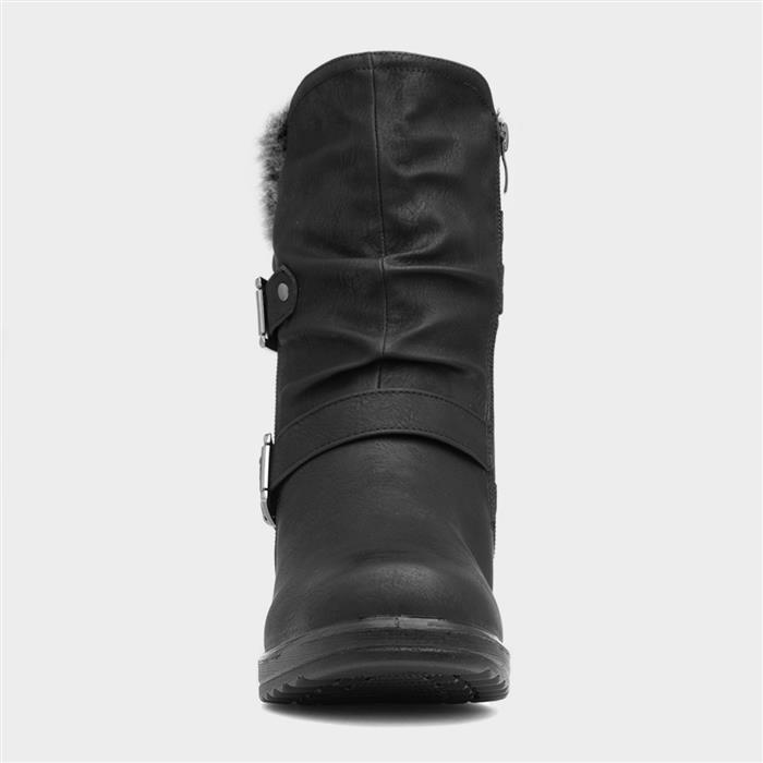Womens Black Buckle Zip Up Calf Boot