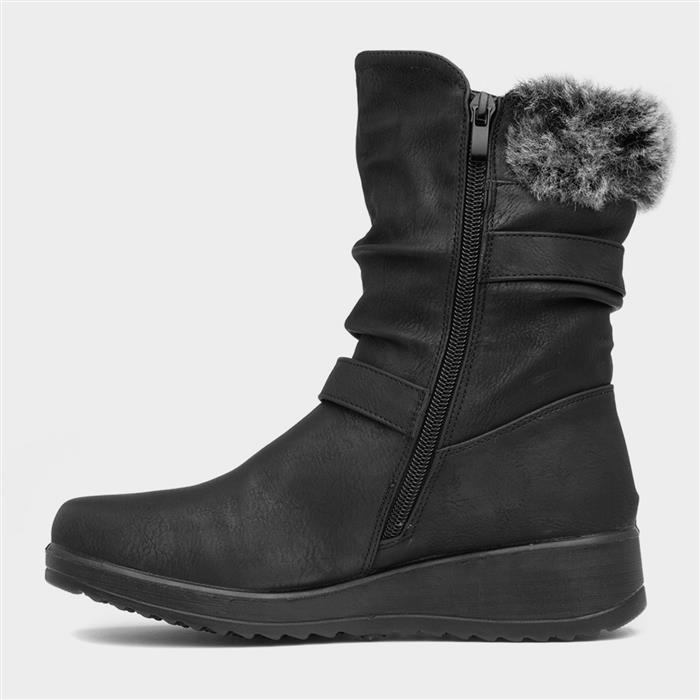 Womens Black Buckle Zip Up Calf Boot