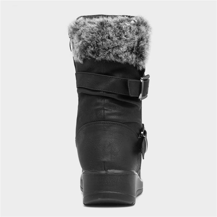 Womens Black Buckle Zip Up Calf Boot