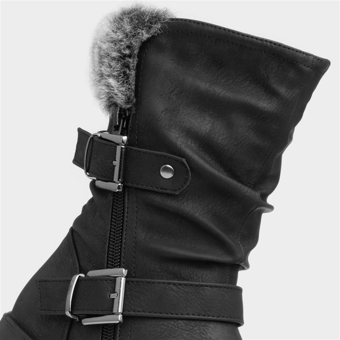 Womens Black Buckle Zip Up Calf Boot
