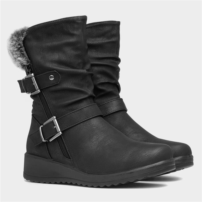 Womens Black Buckle Zip Up Calf Boot