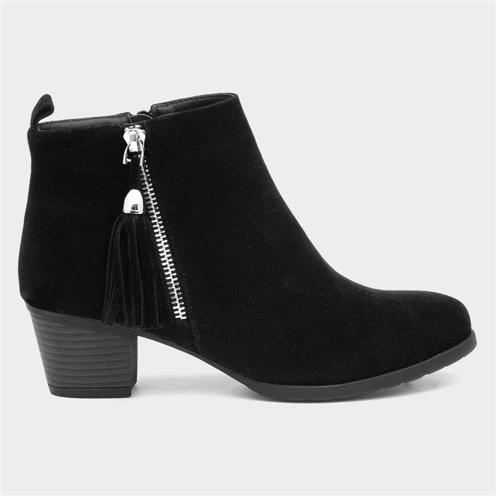 Womens Black Heeled Tassel Ankle Boot