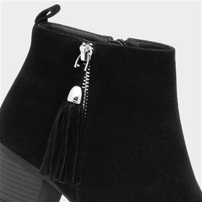 Womens Black Heeled Tassel Ankle Boot