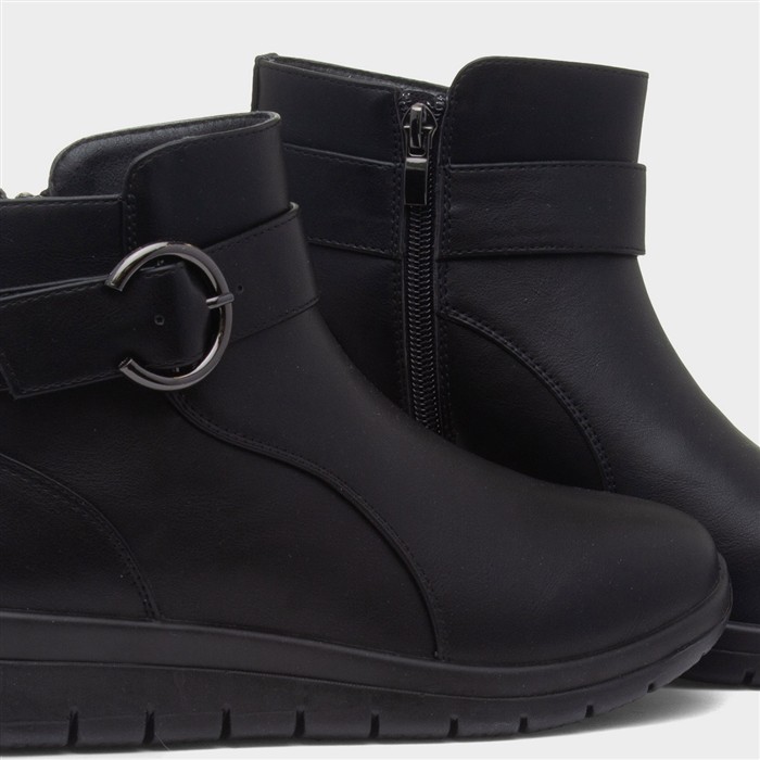 Womens Black Wedge Zip Up Buckle Boot