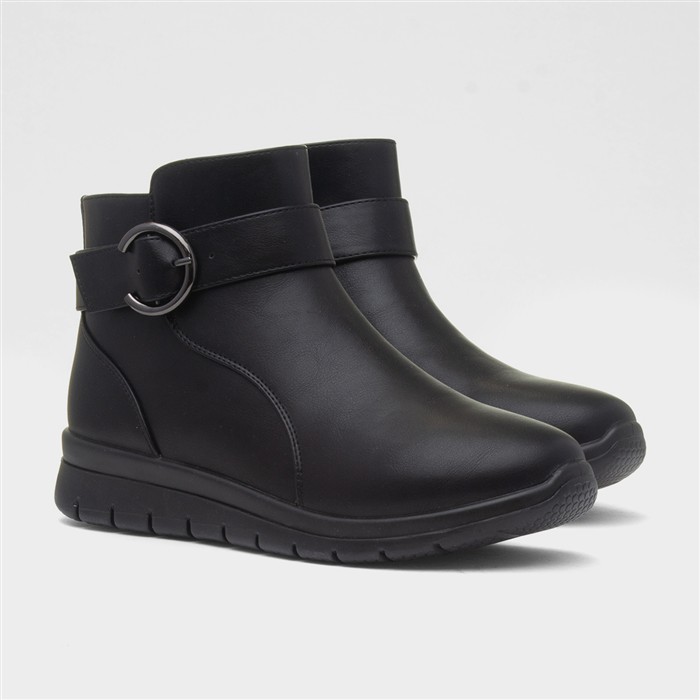 Womens Black Wedge Zip Up Buckle Boot