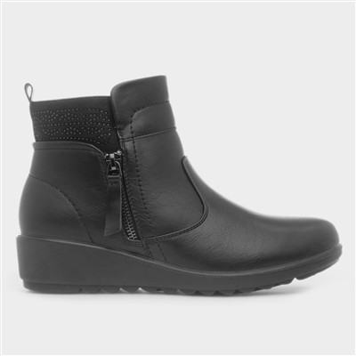 Womens Black Wedge Zip Up Diamante Boot
