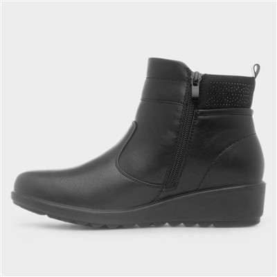 Womens Black Wedge Zip Up Diamante Boot