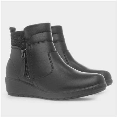 Womens Black Wedge Zip Up Diamante Boot