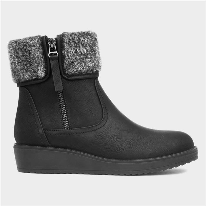 Womens Black Wedge Faux Fur Ankle Boots