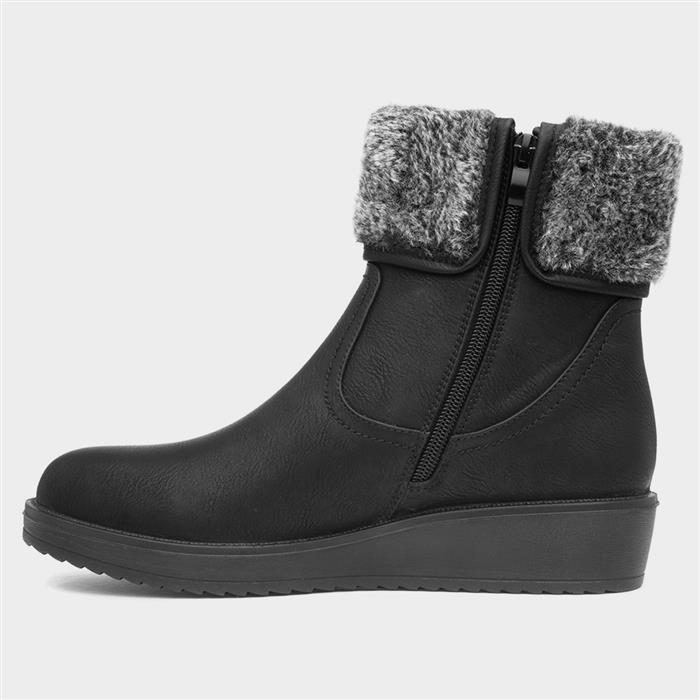 Womens Black Wedge Faux Fur Ankle Boots