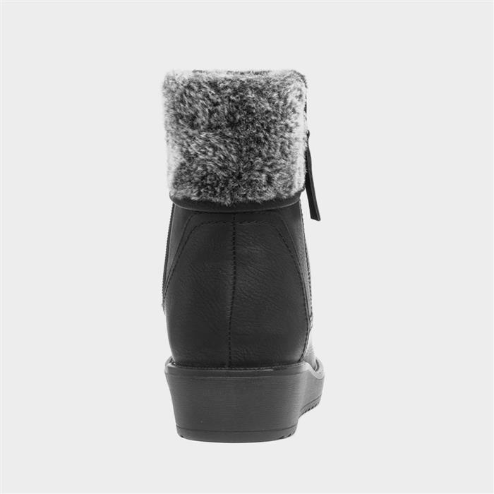 Womens Black Wedge Faux Fur Ankle Boots