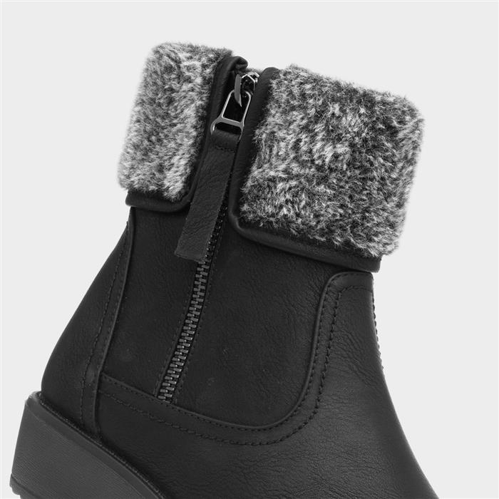 Womens Black Wedge Faux Fur Ankle Boots