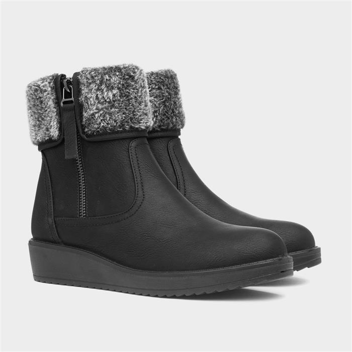 Womens Black Wedge Faux Fur Ankle Boots