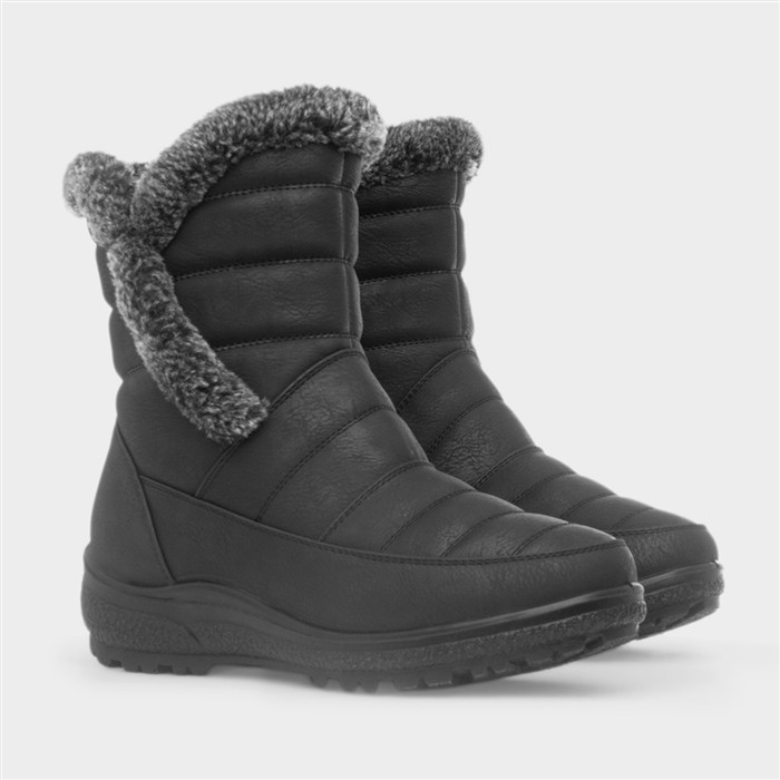 Womens Black Faux Fur Zip Up Ankle Boot