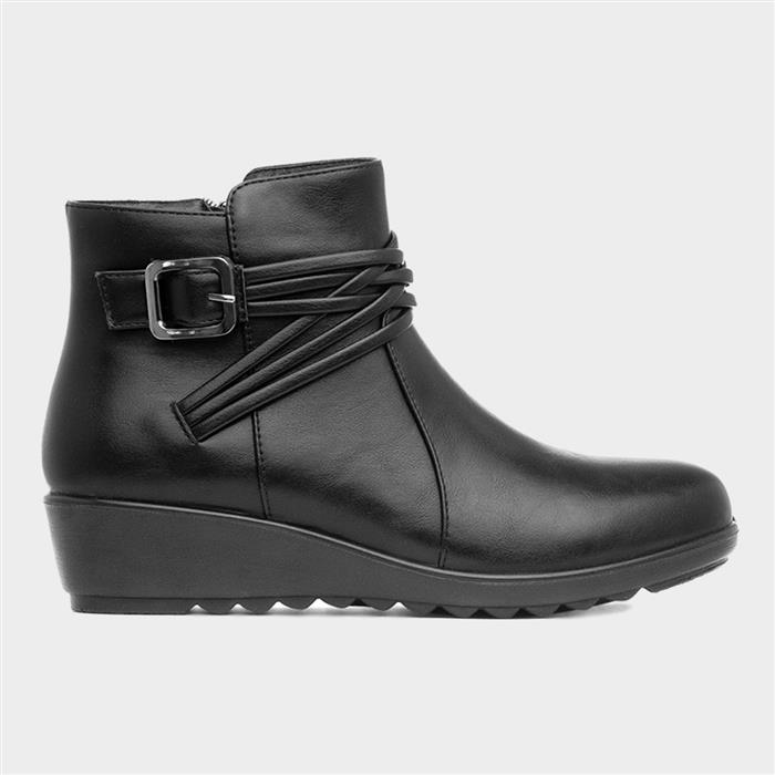 Womens Black Wedge Buckle Ankle Boot