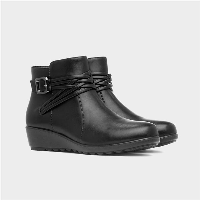 Womens Black Wedge Buckle Ankle Boot