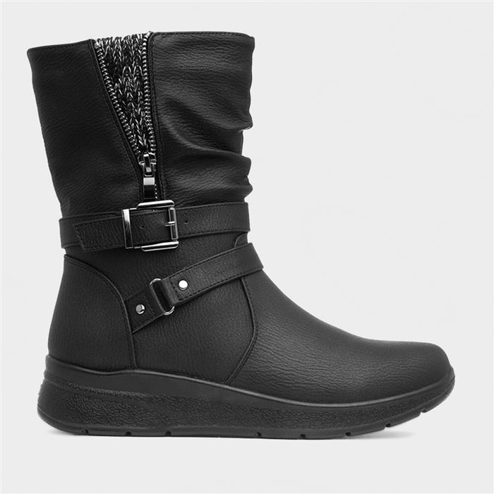 Womens Black Zip Up Wedge Calf Boot
