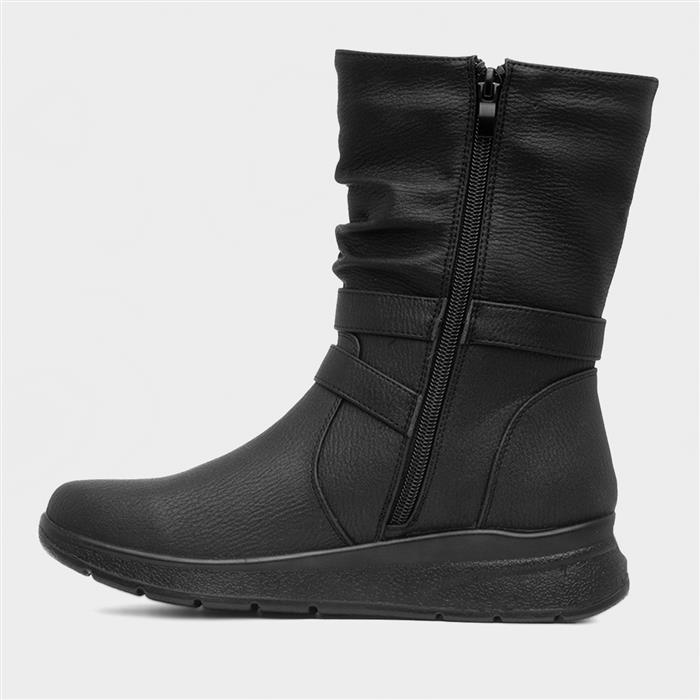 Womens Black Zip Up Wedge Calf Boot