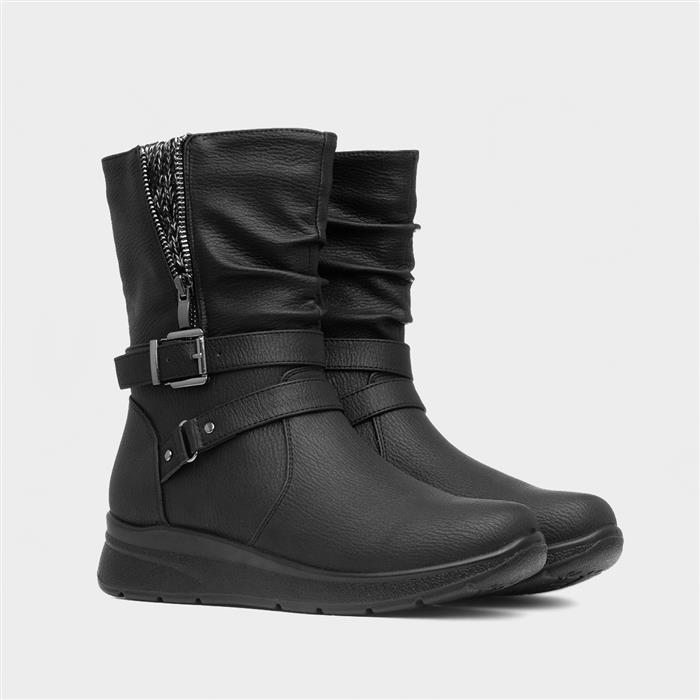 Womens Black Zip Up Wedge Calf Boot