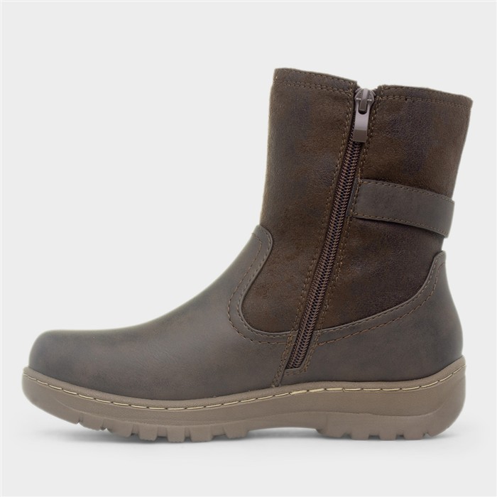 Womens Brown Zip Up Buckle Boot