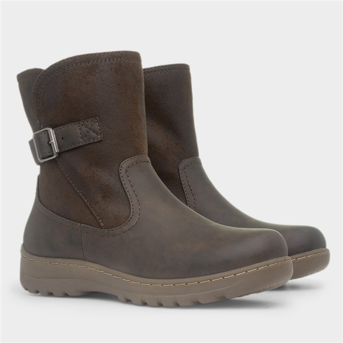 Womens Brown Zip Up Buckle Ankle Boot