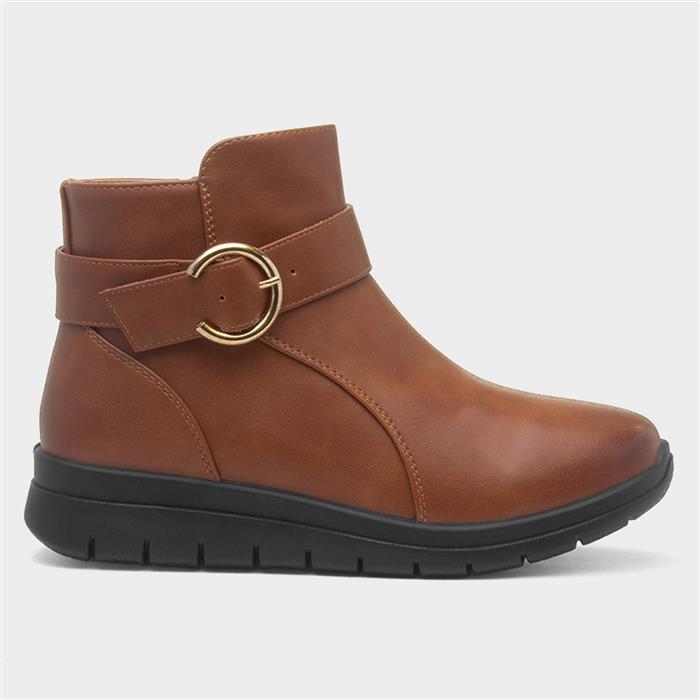 Womens Tan Wedge Zip Up Buckle Boot