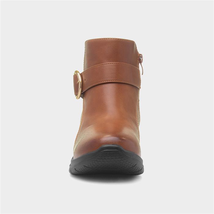 Womens Tan Wedge Zip Up Buckle Boot